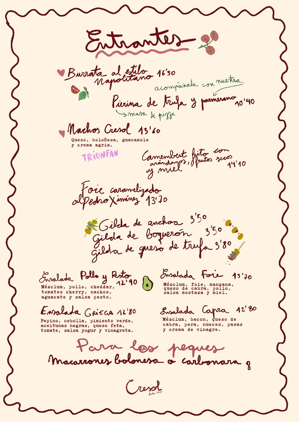 Página 1 de la carta original: Entrantes, ensaladas y peques