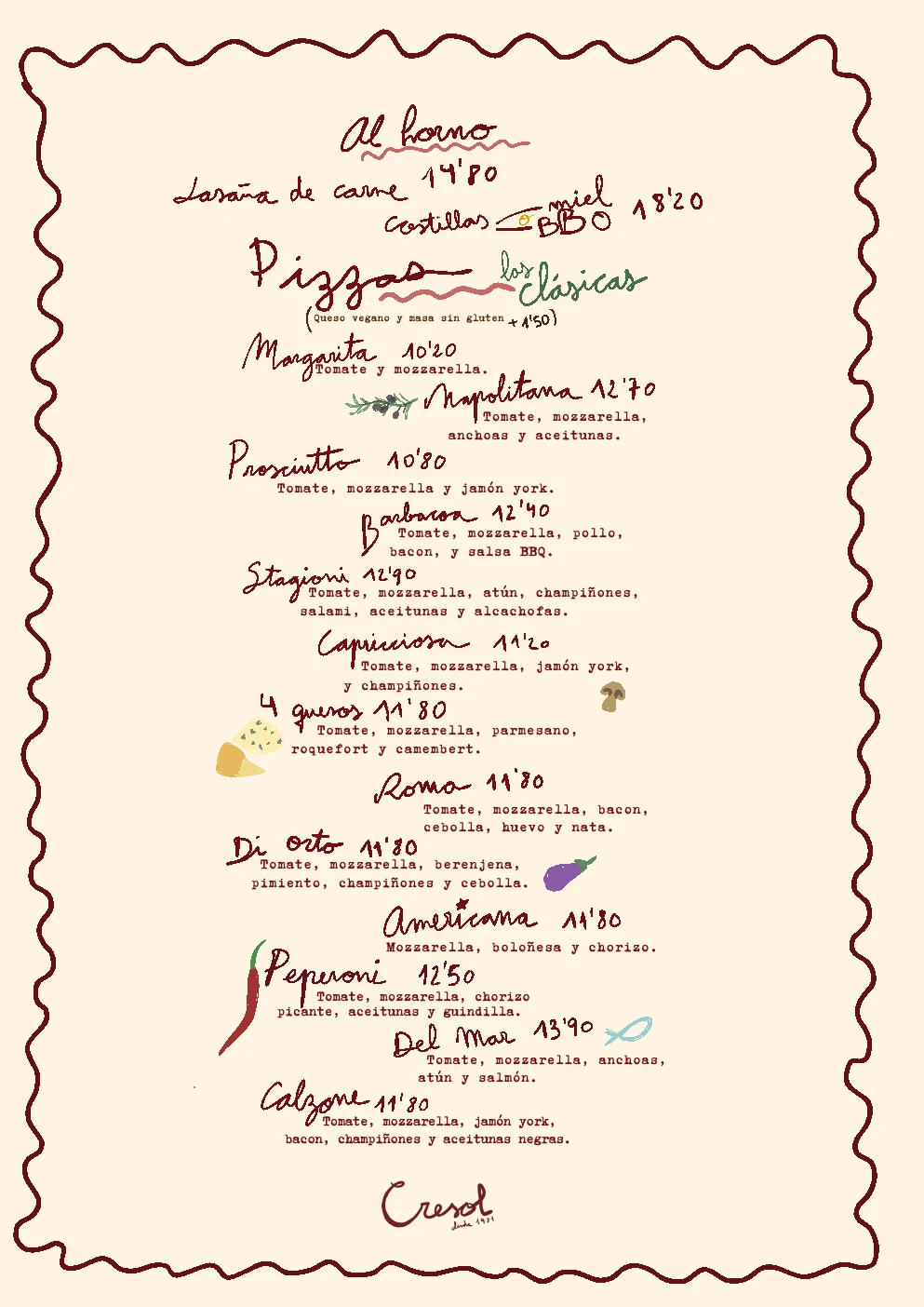 Página 2 de la carta original: Al horno y pizzas clásicas