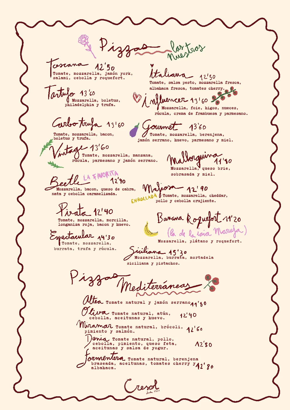 Página 3 de la carta original: Pizzas nuestras y mediterráneas
